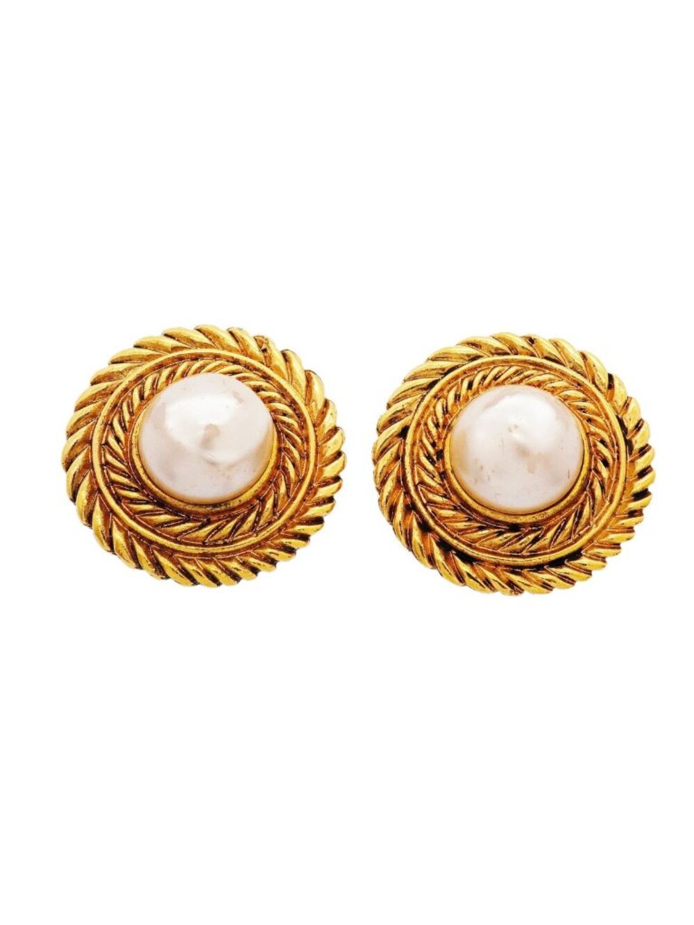 Chanel Earrings Vintage Round Circle Gold Plated Faux Pearl